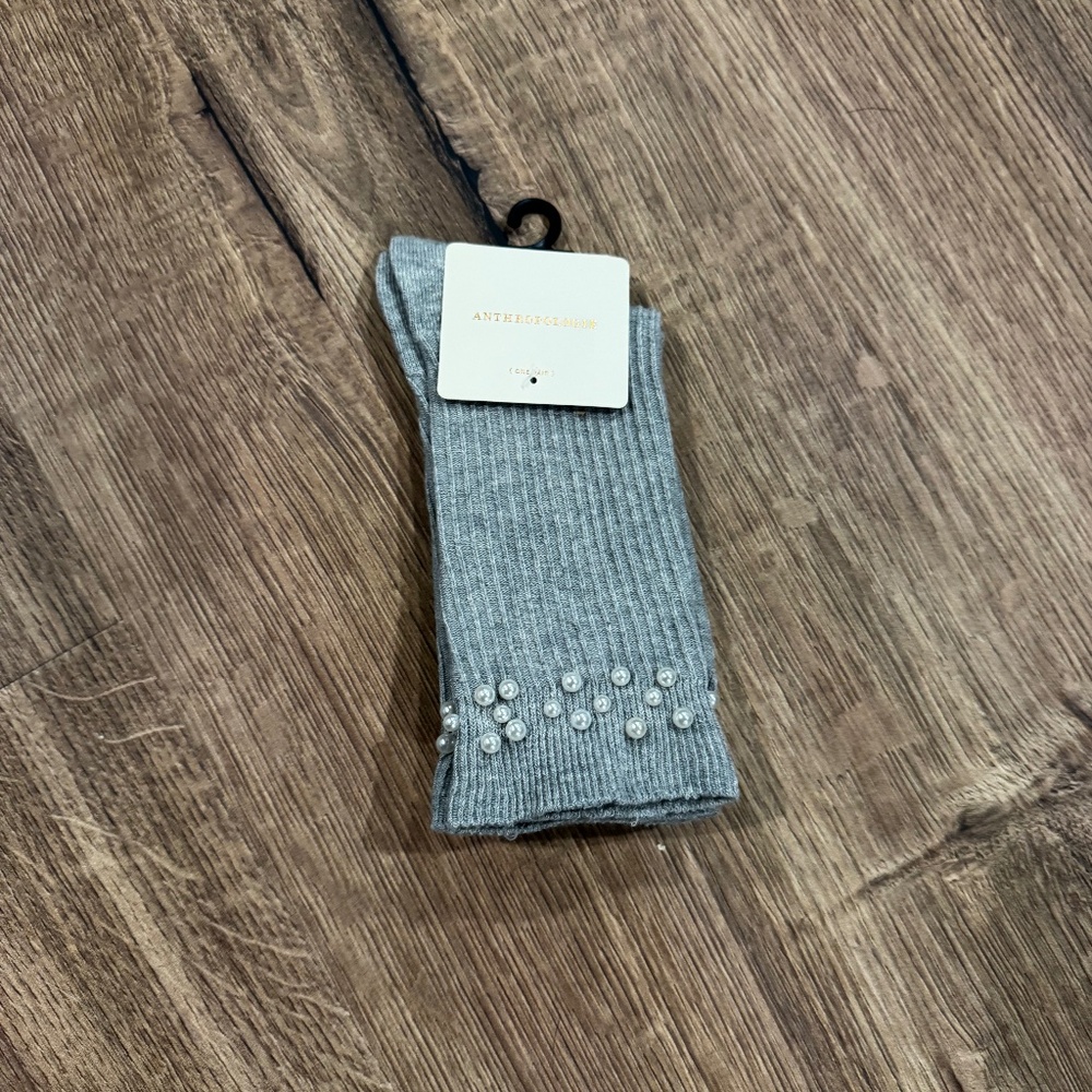 Anthropologie Pearl‑Embellished Ribbed Trouser Socks – Gray- NWT